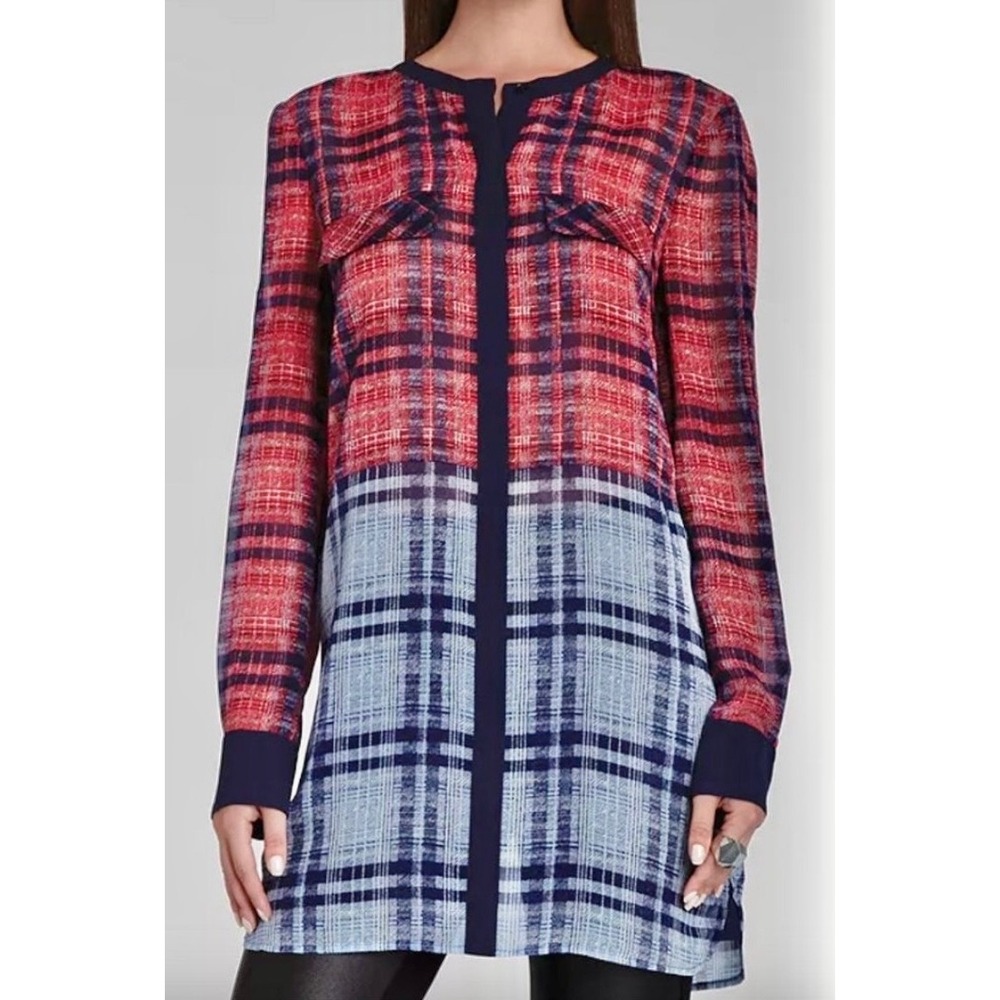 BCBGMAXAZRIA Silk Plaid Colorblock Tunic Blouse Red Blue‎ XXS